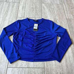 Just Polly,blue,1X,round neck,long sleeves,opening infront,sheered center,women